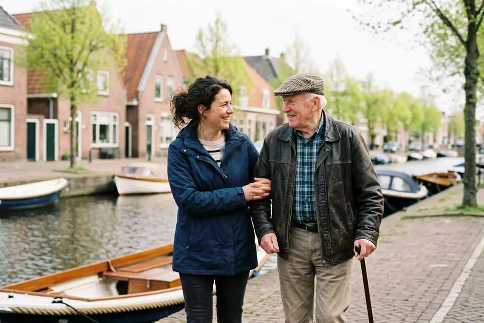 Een begeleider wandelt gearmd met een oudere man met wandelstok langs een gracht