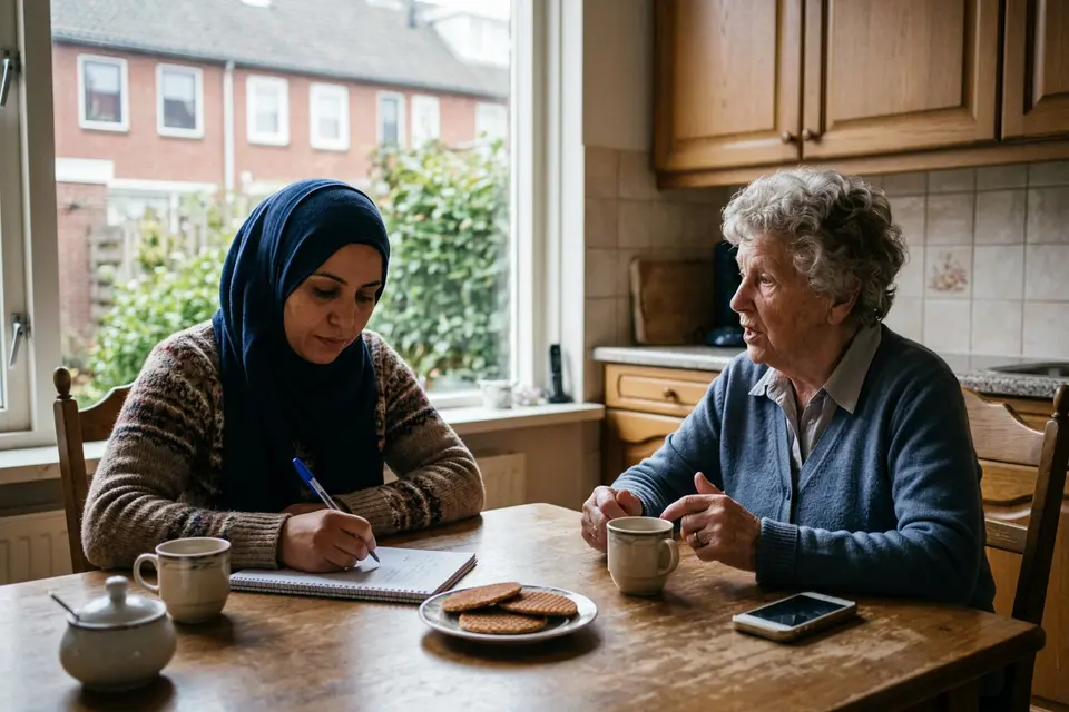 Een zorgverlener met hoofddoek maakt aantekeningen tijdens een kennismakingsgesprek met een oudere vrouw aan de keukentafel