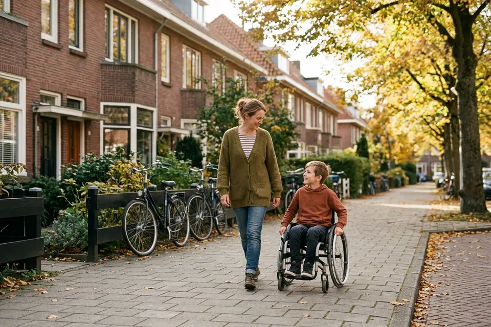 Een moeder wandelt met haar zoon in een rolstoel over de stoep van een Nederlandse woonwijk in de herfst
