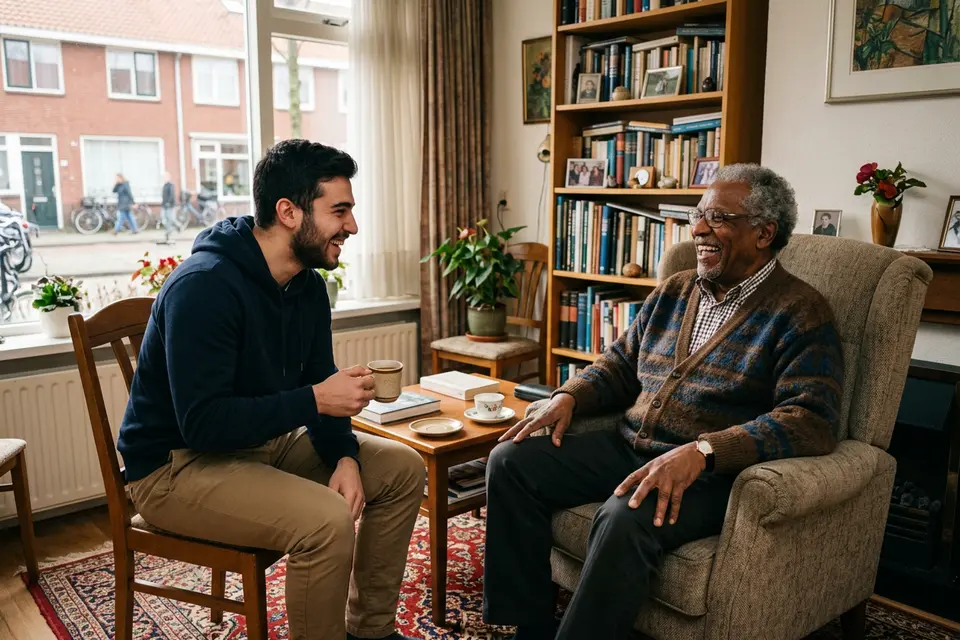 Een oudere man in een leunstoel lacht om een grap van een jonge begeleider die koffie drinkt in zijn woonkamer