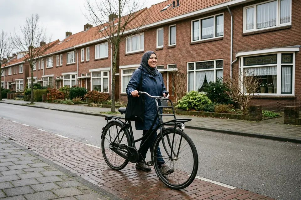Een zorgverlener met hoofddoek loopt met haar fiets door een Nederlandse straat met bakstenen rijtjeshuizen